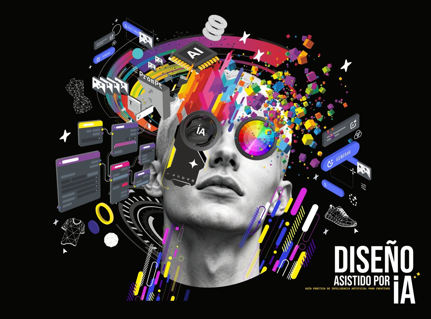 Ilustración de la cubierta de Diseño Asistido por IA: retrato de un diseñador rodeado de interfaces, píxeles y herramientas de IA